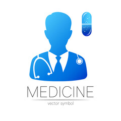 Doctor and capsule pill vector logotype in blue color. Silhouette medical man. Logo for clinic, hospital, health, medicine, business. Concept isolated on white. Template for web, identity modern style