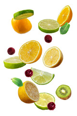 Naklejka na ściany i meble Falling fresh mixed citruses. Slices of the lemon, cherry, mint leaves and orange in the air