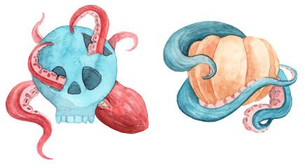 Watercolor hand painted spooky tentacles with skull and pumpkin
