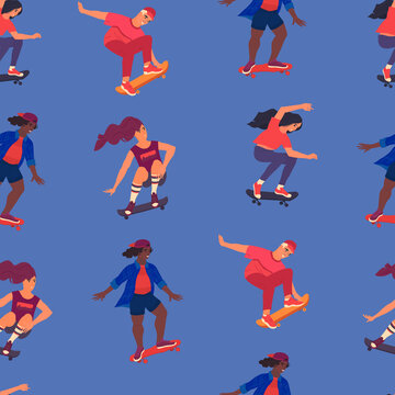 Girls and boy jumping on skateboard flat vector seamless pattern. Isolated young skateboarders texture. Teenagers having fun riding longboard. Textile print, wrapping paper, web background, wallpaper