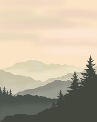 Dawn in the mountains. Fog.Background illustration