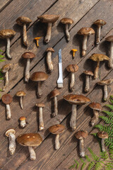 mushrooms on a wooden background. View from above
