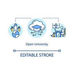 Open university concept icon. Open supported learning and entry. Online courses. Distance education idea thin line illustration. Vector isolated outline RGB color drawing. Editable stroke