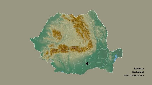 Bihor, county of Romania, with its capital, localized, outlined and zoomed with informative overlays on a relief map in the Stereographic projection. Animation 3D