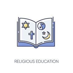 Religious education RGB color icon. Book with judaism, christianity, taoism and islam signs. Theology subject. Studying religion. Isolated vector illustration