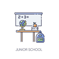 Junior school RGB color icon. Primary education establishment, studying basic sciences. Classroom equipment. Blackboard, desk and globe isolated vector illustration