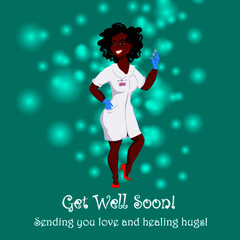 Vector illustration of a nurse wishing best recovery and sending love and healing hugs. A colorful playsome get well soon card. 