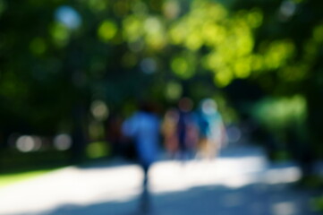 Blurred background. A group of people walking in a recreation Park.