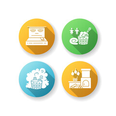 Bathhouse types flat design long shadow glyph icons set. Steam room, vaporarium, modern infrared sauna and traditional russian banya. Mixed sex bathhouse. Silhouette RGB color illustrations