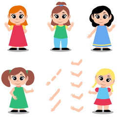 Cute girl character constructor for animation and custom illustrations. Character creation set with various views, face emotions, lip sync and poses.