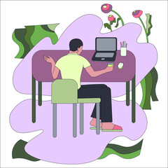 Man work at home remote. Man are working on computer and speaking. A man is sitting on an armchair.Working process flat design.
