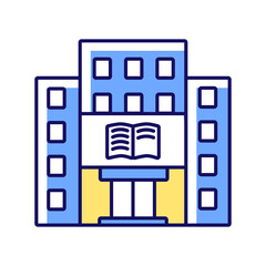Library RGB color icon. University, college library. Bookstore. Student life. Educational building front. Architecture. Reading halls. Archives. Museum. Isolated vector illustration