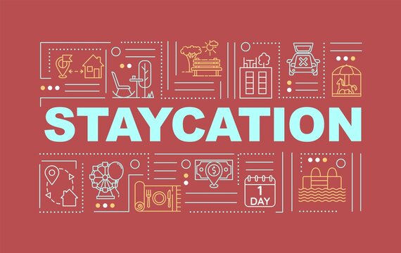 Staycation word concepts banner. Rediscovering hometown. Holistay. Infographics with linear icons on yellow background. Isolated typography. Vector outline RGB color illustration