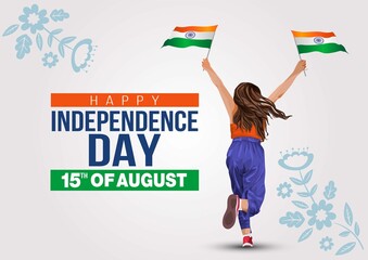 happy Independence day 15 th august Happy independence day of India , girl running with Indian flag.vector illustration.greeting card
