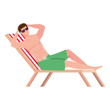 man in shorts in chair beach, happy guy in swimsuit in chair beach, summer vacation season