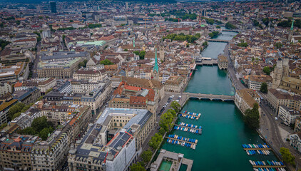 Fototapeta na wymiar Amazing aerial view over the city of Zurich in Switzerland - drone footage