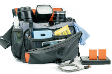 Photographer's kit, photo bag with accessories: lenses, charger, cleaning kit, filter