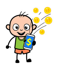 Cartoon Bald Boy showing Mobile Money