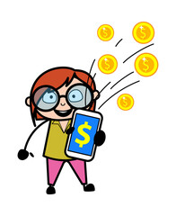 Cartoon Teacher showing Mobile Money
