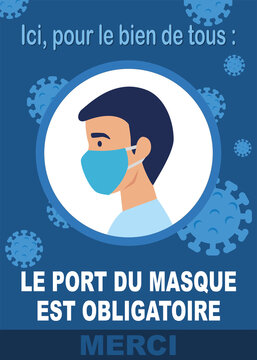 affiche pour le port obligatoire du masque en blanc avec un homme de profil portant un masque dans un rond blanc sur un fond bleu foncé avec des formes du virus