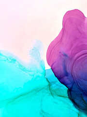 Airy colourful illustration on light background. Banner, story background image. Alcohol ink, paint texture. Closeup of the painting. Vivid pink and turquoise blue colours. Soft smoky gradient, blend