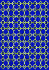 Cross stitch repetition pattern. Seamless yellow texture on blue canvas. Ornament effect. Template for design of fabrics, clothes, covers of notebooks, books

