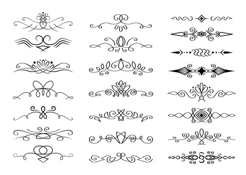  calligraphic ornament set, collection of text divider, black paragraph separator, line art, outline ornate design isolated on white background