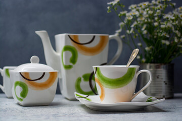 Tea set on the table. Morning tea.