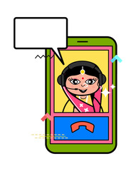 Cartoon Indian Woman Video Calling on Mobile
