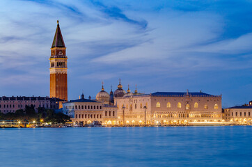 Fototapeta na wymiar View of Piazza San Marco, St Mark's Square at night, twilight - Venice, Italy