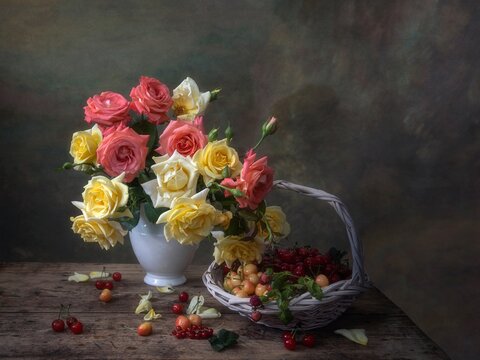 still life with roses and cherry
