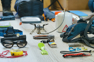 Things and accessories for tourism, travel and hiking, flat lay top view