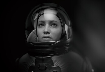 woman astronaut with glass helmet and dramatic lighting