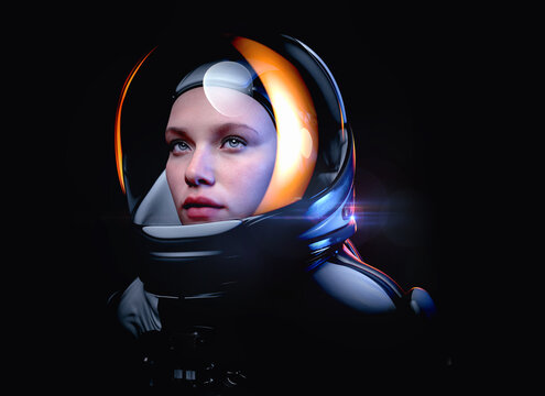woman astronaut with glass helmet and dramatic lighting