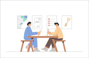 Meeting in real estate Agency. Man signs a real estate purchase agreement in the office. The concept of buying a house and filing documents. Flat style vector illustration.