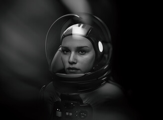 woman astronaut with glass helmet and dramatic lighting - 3d rendering © hutangach