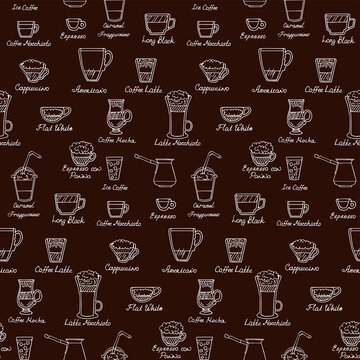 Vector doodle seamless pattern with different types of coffee: espresso, latte, macchiato, cappuccino, americano, con panna. Hand-drawn design elements. Coffee break. © KATSIARYNA