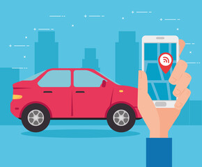 gps, car vehicle with smartphone navigation application and red pinpoint on screen