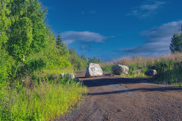 Fototapeta na wymiar Large boulder stones block the forest road summer landscape.