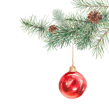Watercolor Christmas tree with balls decor. Hand painted holiday card with red glass ball on fir branches isolated on white background.