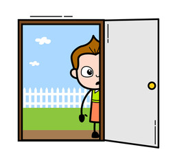 Cartoon Schoolboy looking from Door