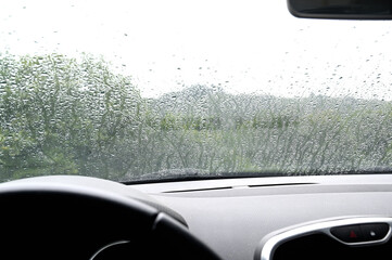 A rainy day. View from the interior of a car