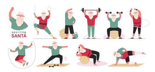 Santa Claus doing aerobic and fitness exercises in the gym, wearing red sport uniform, set of flat vector illustrations