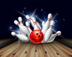 Red Bowling Ball crashing into the pins on bowling alley line. Illustration of bowling strike - obrazy, fototapety, plakaty