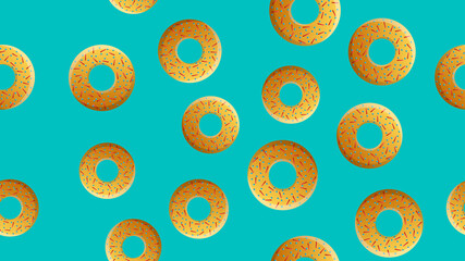 Cartoon donuts with pink glaze and colored sprinkles on white background. Seamless pattern. Texture for fabric, wrapping, wallpaper