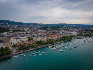 Fototapeta na wymiar Beautiful Zurich lake in Switzerland from above - drone footage