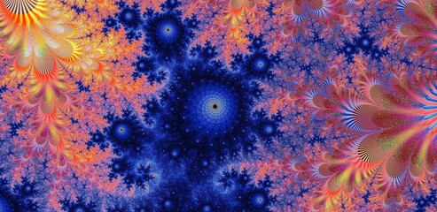 Abstract Colorful Fractal Background with Stars - flowers, leaves and stars decorate this beautiful fractal design. Fall foliage with a deep blue sky, diamonds shining from beyond. It's a dream...