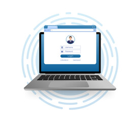 Flat illustration with blue user login laptop. Vector, flat design. Laptop vector icon illustration.