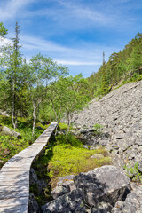 Fototapeta na wymiar View of The Pyha-Luosto National Park in summer, wooden walkway, trees and rocks, Lapland, Finland