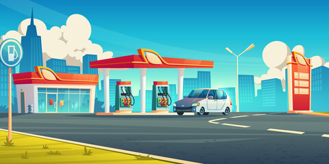 Gas station, cars refueling city service, petrol shop with building, price display and pump hoses on cityscape background, fuel selling for urban vehicles, oil refill, Cartoon vector illustration